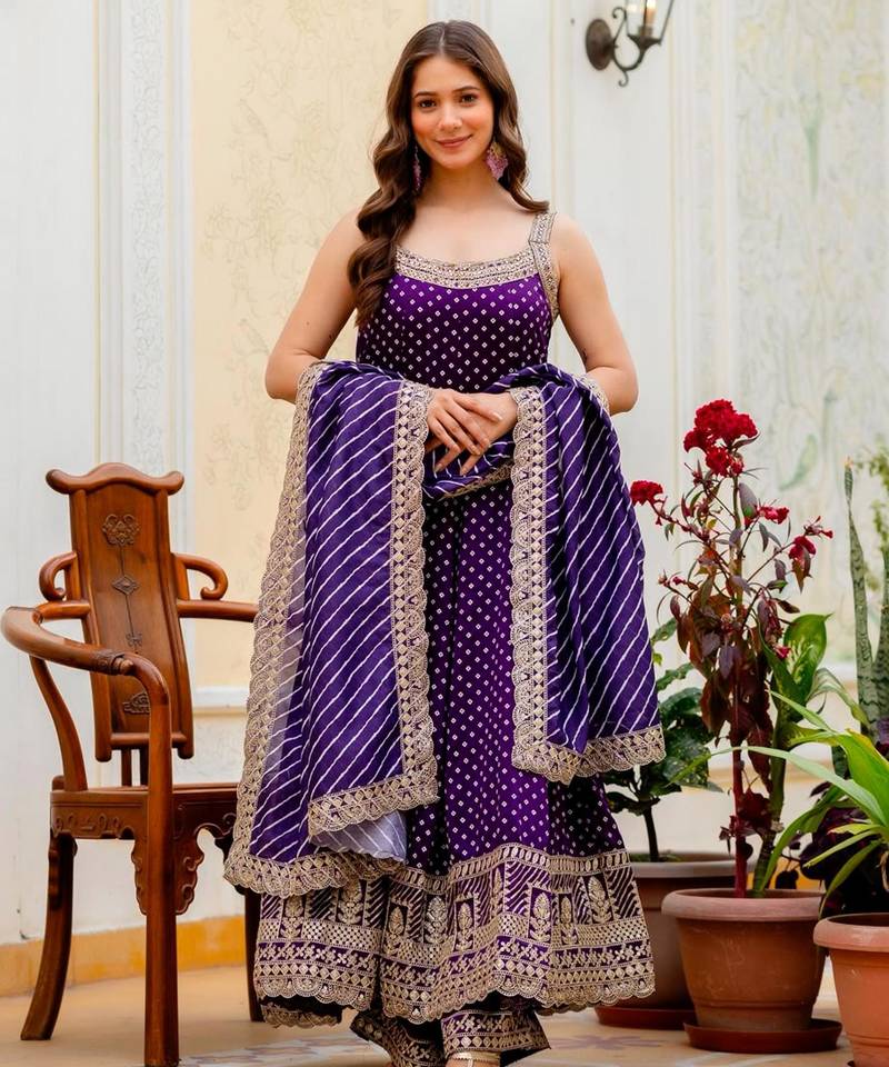 Purple silk blend embroidered palazzo set