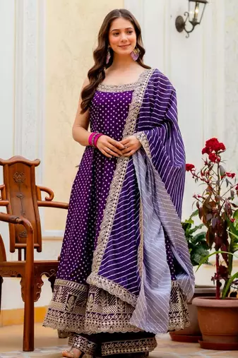 Purple silk blend embroidered palazzo set