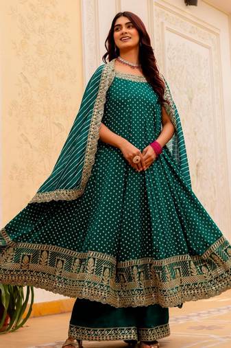 Teal silk blend embroidered palazzo set
