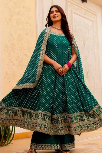 Teal silk blend embroidered palazzo set