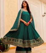 Teal silk blend embroidered palazzo set