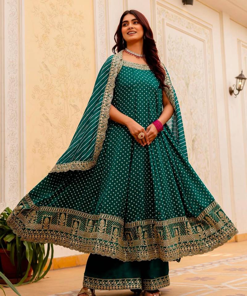 Teal silk blend embroidered palazzo set