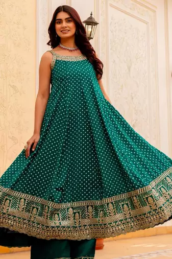 Teal silk blend embroidered palazzo set