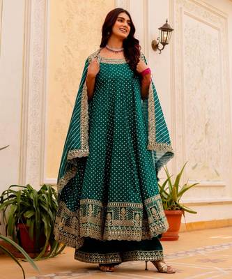 Teal silk blend embroidered palazzo set 3