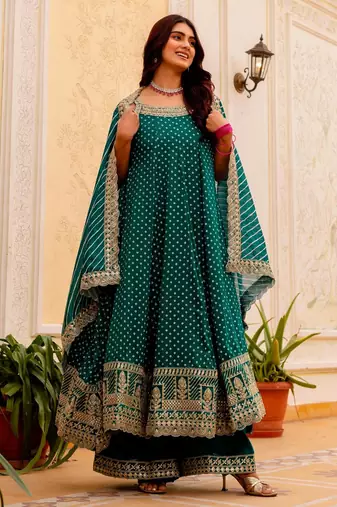 Teal silk blend embroidered palazzo set
