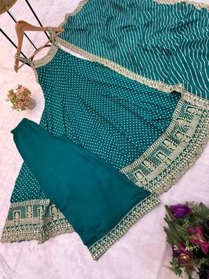 Teal silk blend embroidered palazzo set 4