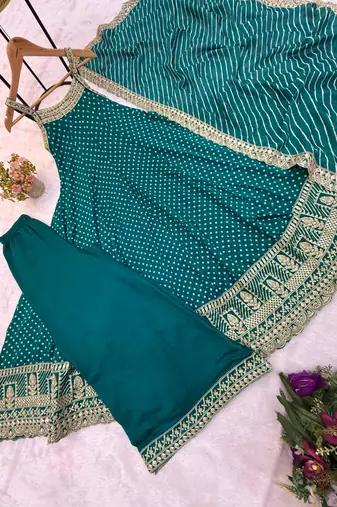 Teal silk blend embroidered palazzo set