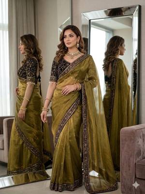 Mehandi Green Color Embroidery And Sequence Work Silk Blend Saree 1