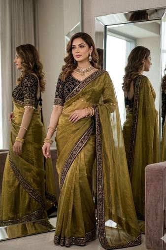 Mehandi Green Embroidery And sequin Work Silk Blend Saree