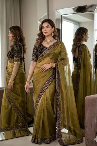 Mehandi Green Color Embroidery And Sequence Work Silk Blend Saree