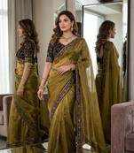 Mehandi Green Color Embroidery And Sequence Work Silk Blend Saree
