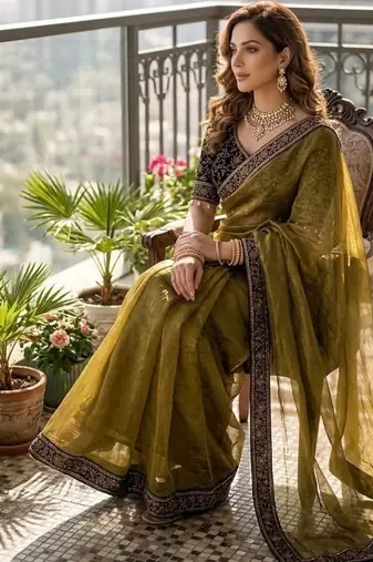 Mehandi Green Color Embroidery And Sequence Work Silk Blend Saree