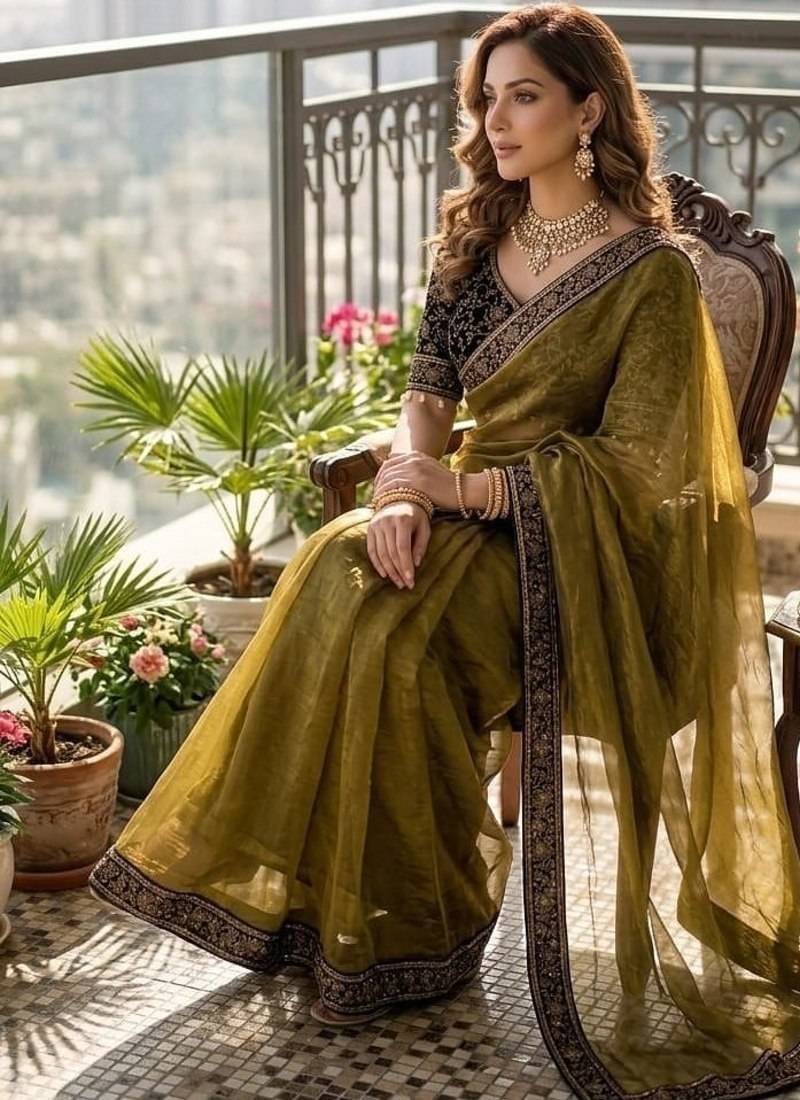 Mehandi Green Color Embroidery And Sequence Work Silk Blend Saree