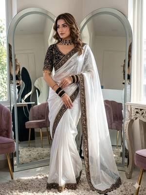 White Color Embroidery And Sequence Work Silk Blend Saree 1