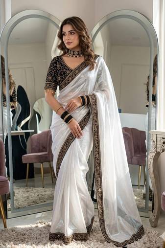 White Embroidery And sequin Work Silk Blend Saree