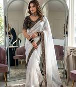 White Color Embroidery And Sequence Work Silk Blend Saree