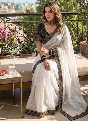 White Color Embroidery And Sequence Work Silk Blend Saree 2