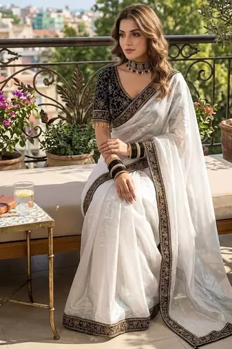 White Color Embroidery And Sequence Work Silk Blend Saree