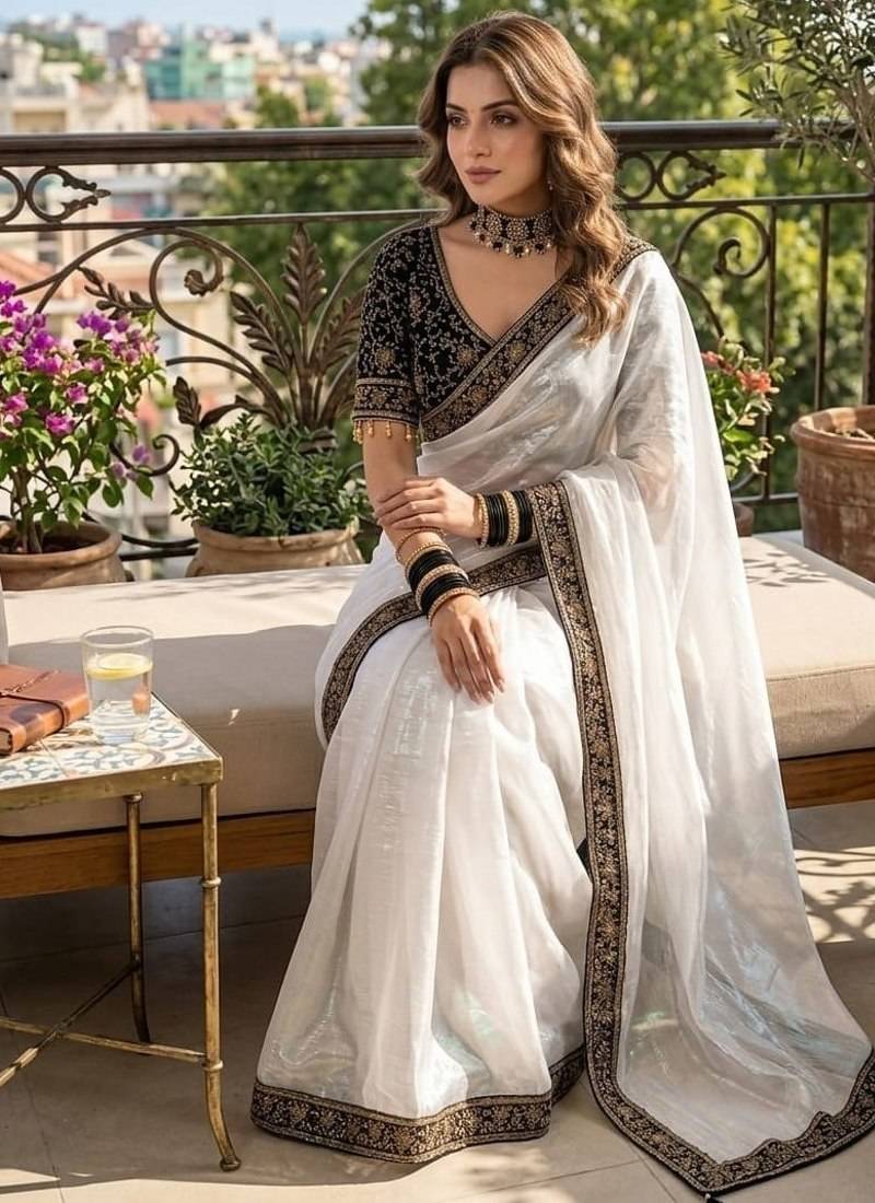 White Color Embroidery And Sequence Work Silk Blend Saree