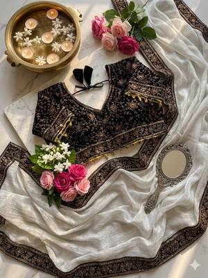 White Color Embroidery And Sequence Work Silk Blend Saree 3