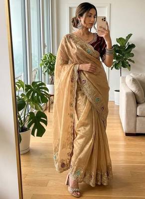 Chiku Color sequence And  embroidery work Satin Saree 1