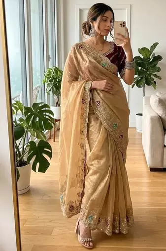Chiku Color sequence And  embroidery work Satin Saree