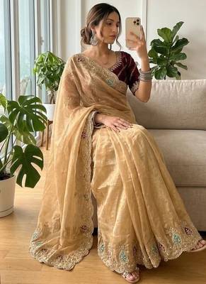 Chiku Color sequence And  embroidery work Satin Saree 2