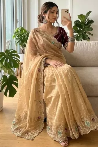 Chiku Color sequence And  embroidery work Satin Saree