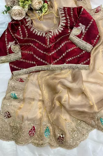Chiku Color sequence And  embroidery work Satin Saree