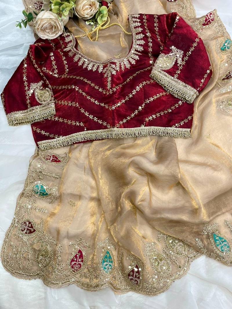 Chiku Color sequence And  embroidery work Satin Saree