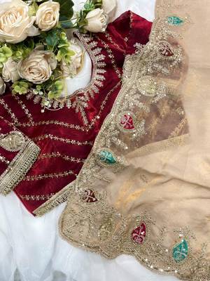 Chiku Color sequence And  embroidery work Satin Saree 4