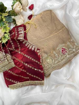 Chiku Color sequence And  embroidery work Satin Saree 5