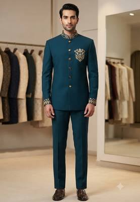 Turquoise color bids embroidery jodhpuri for men 1