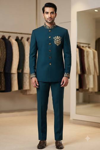 Turquoise color bids embroidery jodhpuri for men