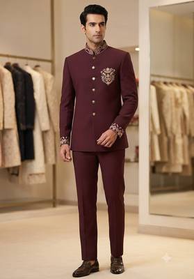 Wine color bids embroidery jodhpuri for men 1