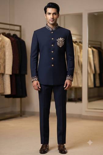 Navy blue color bids embroidery jodhpuri for men | premium designer bandhgala ethnic wear