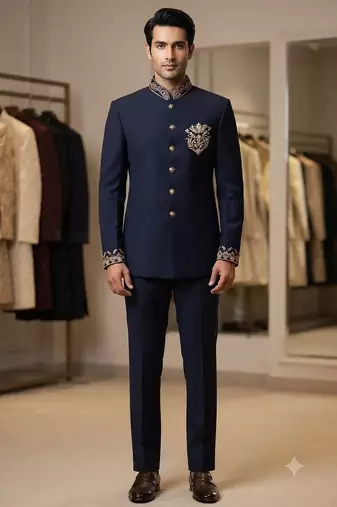 Navy blue color bids embroidery jodhpuri for men | premium designer bandhgala ethnic wear