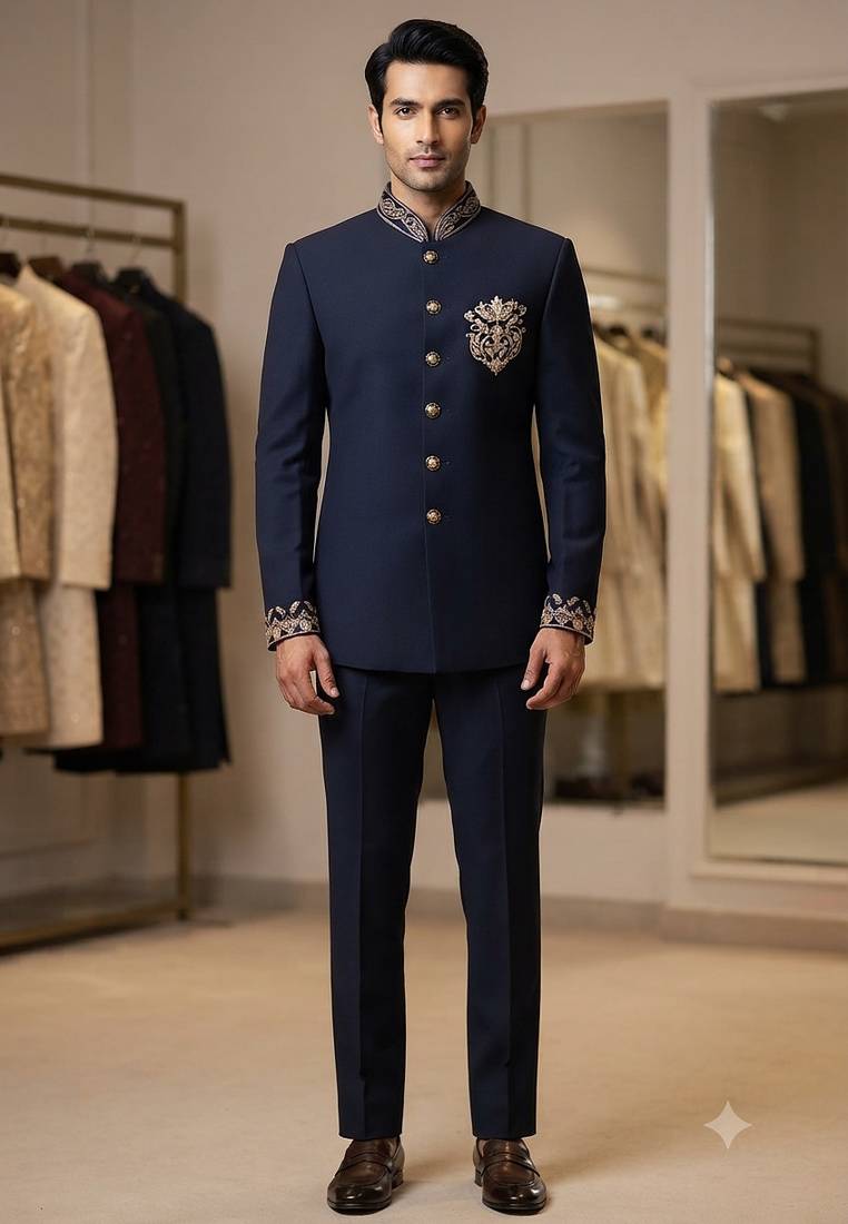 Navy blue color bids embroidery jodhpuri for men | premium designer bandhgala ethnic wear