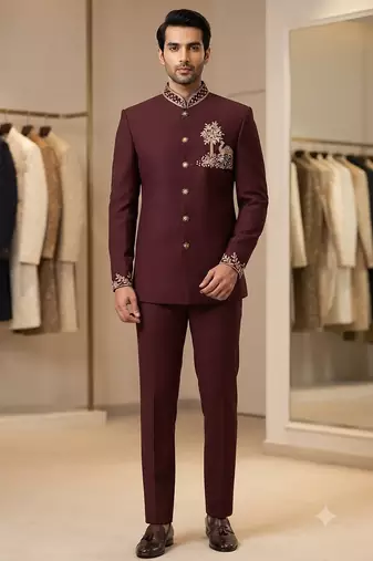 Wine color camel bids embroidery jodhpuri for men