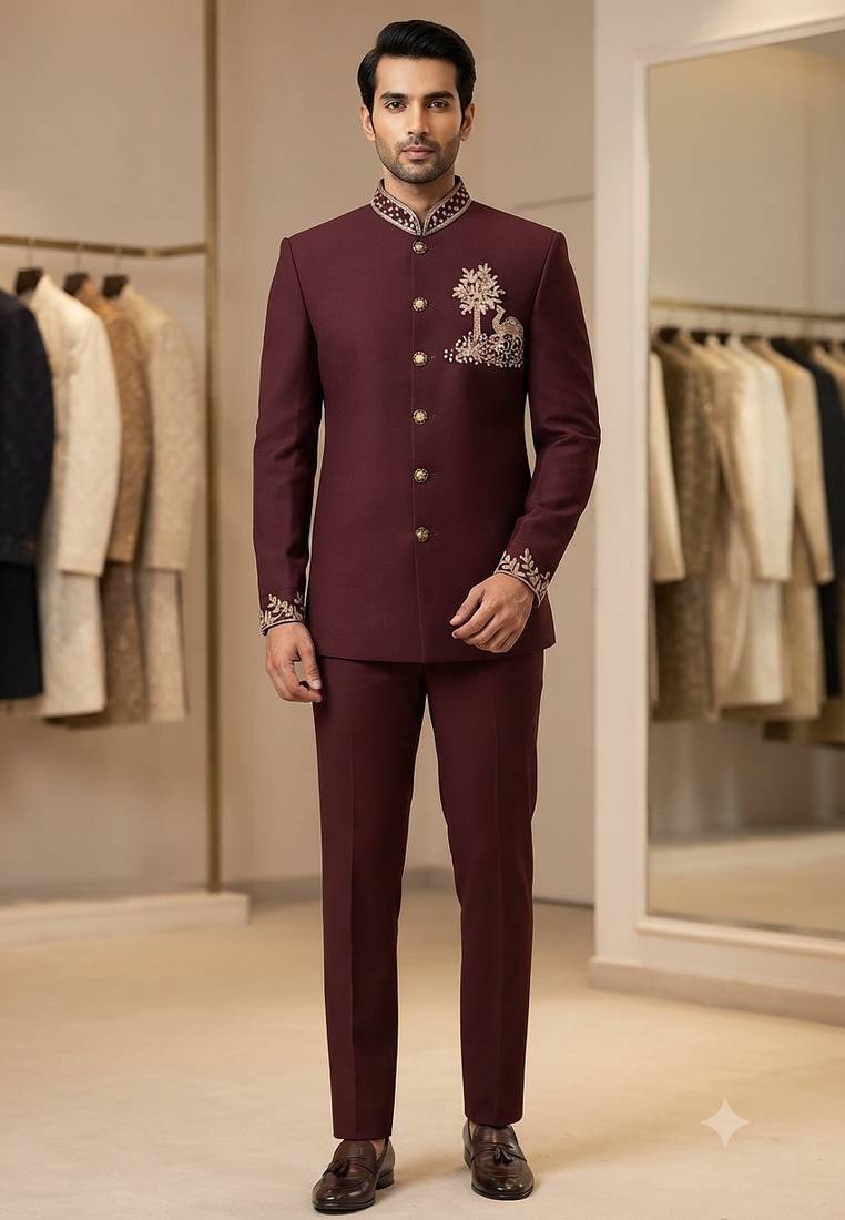 Wine color camel bids embroidery jodhpuri for men