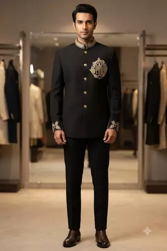 Black color elephant bids embroidery jodhpuri for men