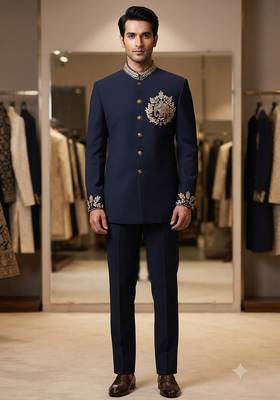 Navy blue color elephant bids embroidery jodhpuri for men 1