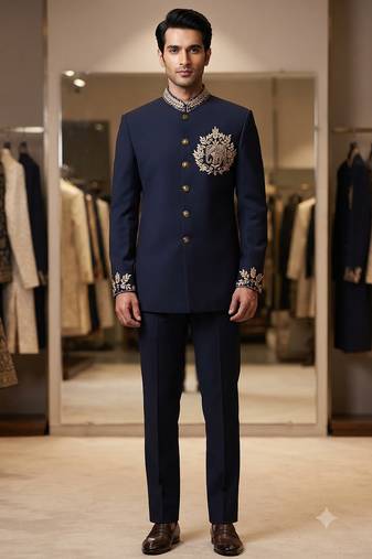 Navy blue color elephant bids embroidery jodhpuri for men
