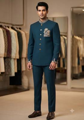 Turquoise color deer bids embroidery jodhpuri for men 1