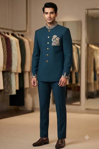 Turquoise color deer bids embroidery jodhpuri for men