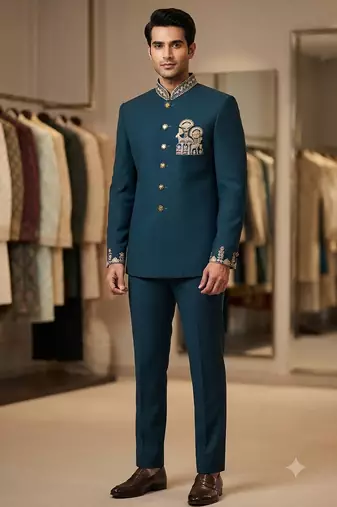 Turquoise color deer bids embroidery jodhpuri for men