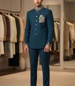 Turquoise color deer bids embroidery jodhpuri for men
