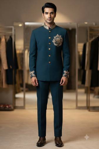 Turquoise color elephant bids embroidery jodhpuri for men