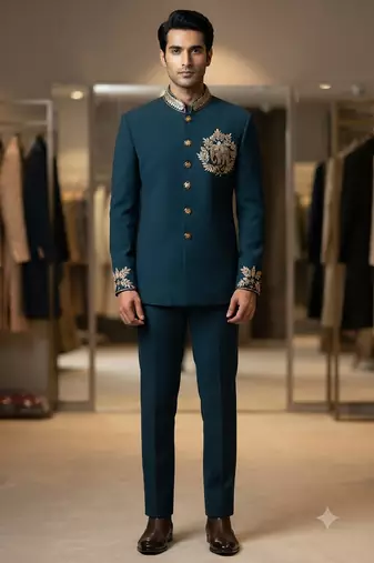 Turquoise color elephant bids embroidery jodhpuri for men