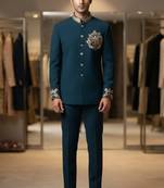 Turquoise color elephant bids embroidery jodhpuri for men